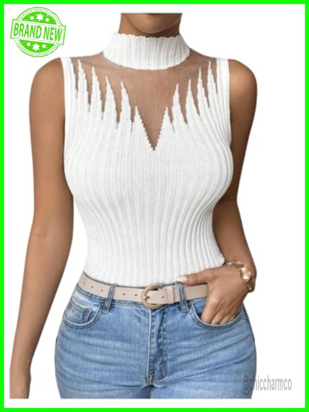Womens Mesh Mock Neck Sleeveless Sweater Vest Fitted Pullover Knit Tank Top